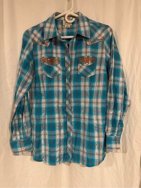 Ariat Turquoise Plaid Western Button-Down Shirt with Studded Pockets